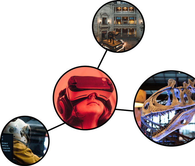 Different images from exhibitions in a frame shaped like a molekyle